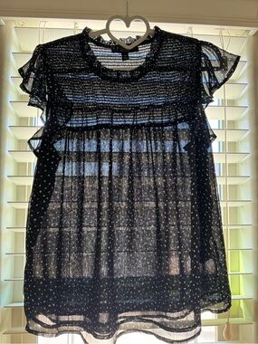 Laundry By Shelli Segal Black Sheer Dot Smocked Yoke Ruffle Top